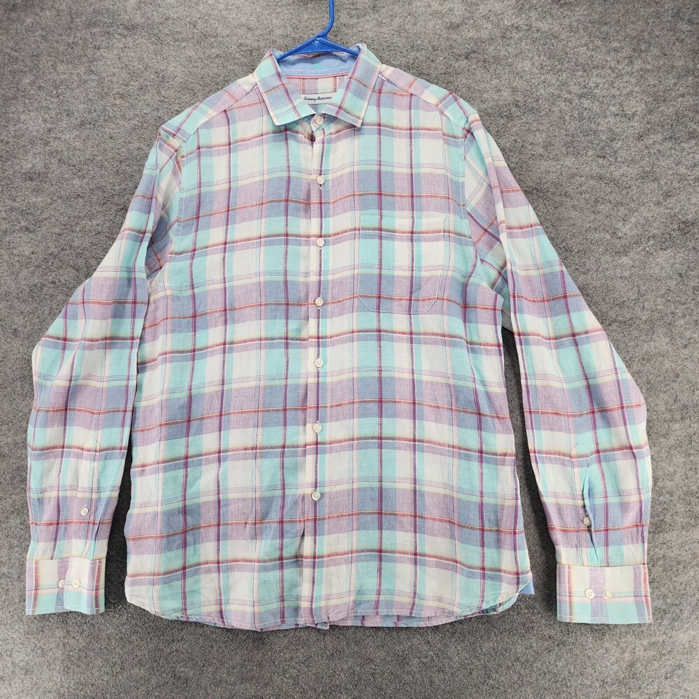 Tommy Bahama Shirt Mens Medium Button Down Purple Plaid Linen